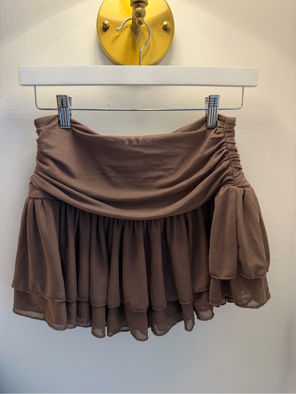 Ruched Waist Brown Chiffon Mini Skirt